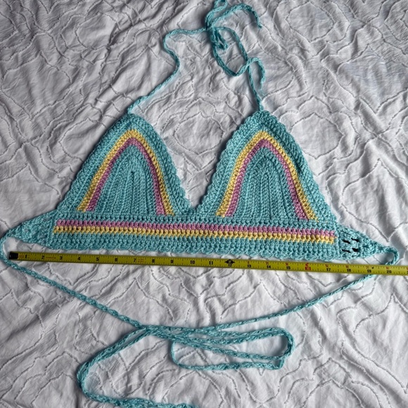 Shein Colorful Rainbow Blue Pink Yellow Crochet Bikini Crop Top Wrap Tie - Picture 2 of 4